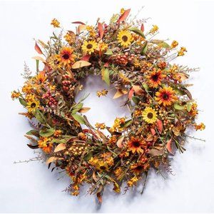 24” Artificial Floral Wreath with Colorful Daisies for Front Door Wall